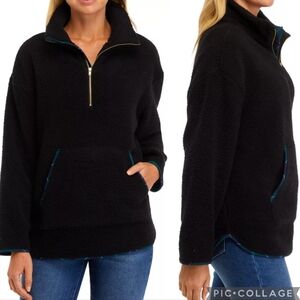 NWT Crown & Ivy Women's Long Sleeve Sherpa Pullover Size L Black w/ Plaid Accent